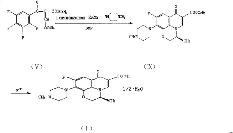 Reaction mechanism showing stepwise cyclization from Compound V to Levofloxacin ester intermediate