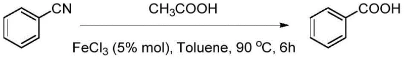 Specific synthesis of benzoic acid from benzonitrile using FeCl3 catalyst