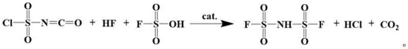Reaction scheme showing the synthesis of bis(fluorosulfonyl)imide from chlorosulfonyl isocyanate and fluorosulfonic acid catalyzed by Lewis acids