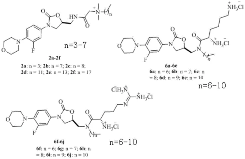 General chemical structures of linezolid base cationic derivatives with variable alkyl chains