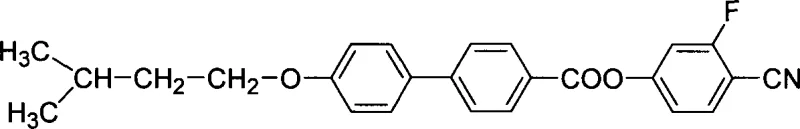 Chemical structure of 4'-(3-methylbutoxy-1)-4-biphenylcarboxylic acid-2-fluoro-4-hydroxybenzonitrile ester showing fluorine and cyano substituents