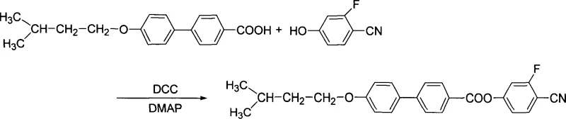 Reaction scheme showing DCC and DMAP catalyzed condensation of biphenyl carboxylic acid derivative with fluorinated benzonitrile