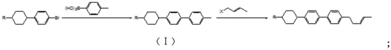 Core synthetic route showing Suzuki coupling followed by alkylation to form the target liquid crystal compound