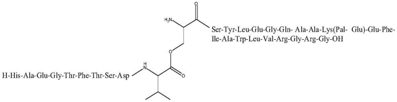 Chemical structure of Liraglutide precursor containing Depsipeptide Unit showing Val10-Ser11 ester linkage