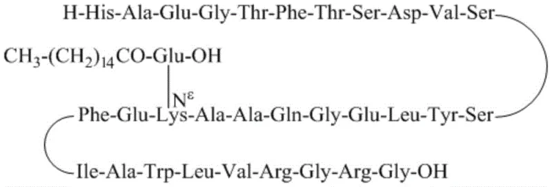 Molecular structure of Liraglutide showing the fatty acid side chain modification