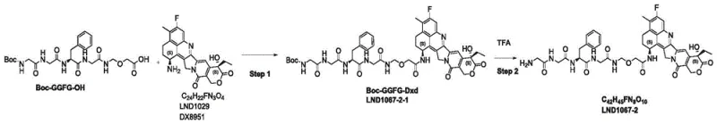 Conventional synthetic route for LND1067 showing low-yield intermediate LND1067-2-1