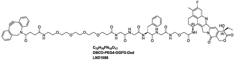 Chemical structure of LND1088 linker showing DBCO, PEG4, GGFG peptide, and Dxd payload