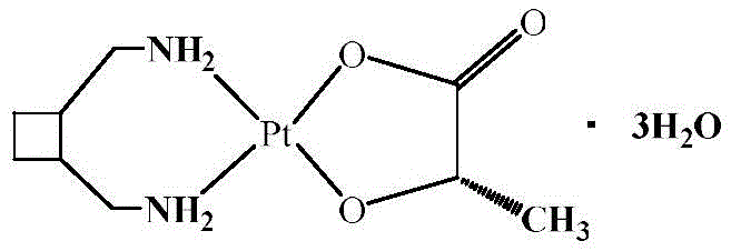 Chemical structure of Lobaplatin Trihydrate showing the platinum center coordinated with cyclobutane diamine and lactate ligands