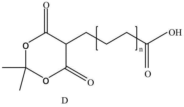 Reduction reaction scheme converting hydroxy alkanoic acid derivative E to long-chain alkanoic acid derivative D using NaBH4