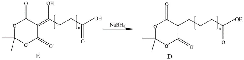 General condensation reaction scheme showing the formation of long-chain hydroxy alkanoic acid derivative E from diacid A' and isopropylidene malonate F