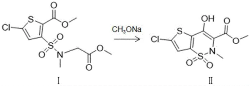 Chemical reaction scheme showing the cyclization of compound I to lornoxicam intermediate II