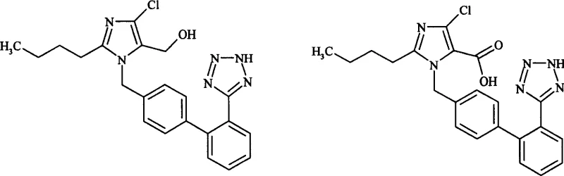Chemical structure comparison showing the oxidation of Losartan (Formula I) with a hydroxymethyl group to Losartan 5-carboxylate (Formula II) with a carboxylic acid group