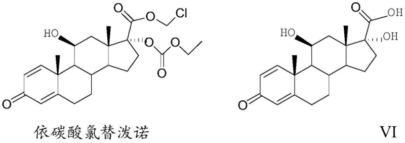 Chemical structures of Loteprednol Etabonate Chloromethyl Carbonate and the key 17-beta carboxylic acid intermediate VI