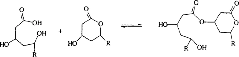 Reaction scheme showing lactonization equilibrium competing with dimer formation