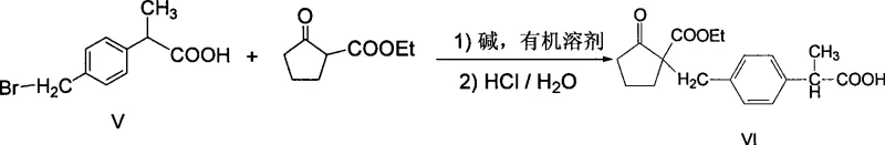 Condensation reaction scheme showing the coupling of brominated acid derivative with ethyl 2-oxocyclopentanecarboxylate