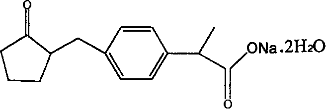 Chemical structure of Loxoprofen Sodium showing the cyclopentanone ring and propionic acid moiety