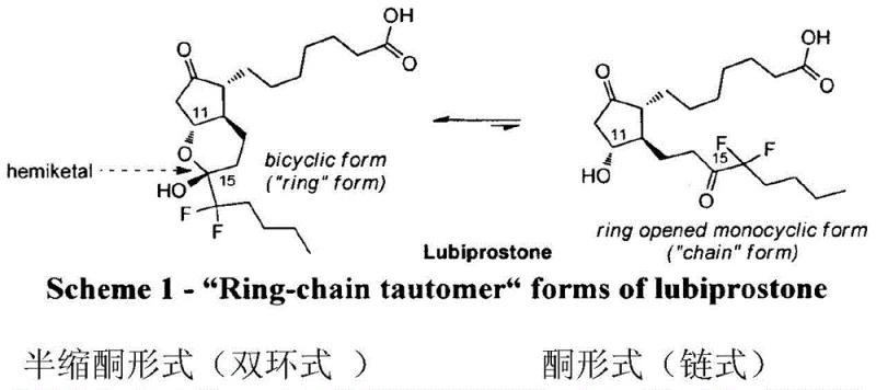 Chemical structure showing the ring-chain tautomerism of Lubiprostone between hemiketal and ketone forms
