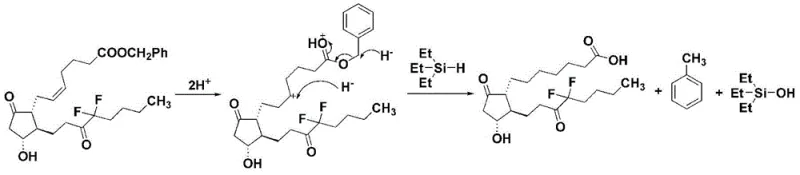 Mechanism diagram illustrating the hydride transfer from triethylsilane to the substrate mediated by palladium catalyst