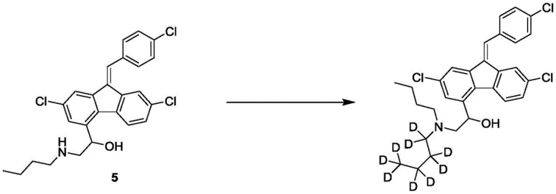 Final deuteration step showing the alkylation of the lumefantrine precursor with deuterated n-bromobutane-D9