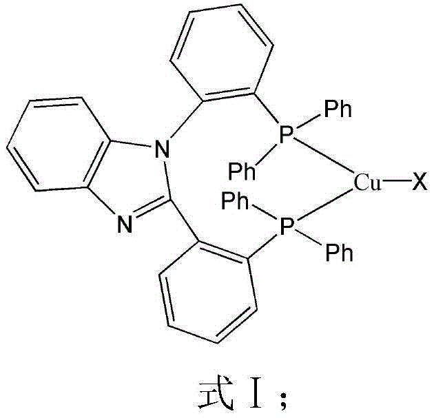 General structural formula of the luminescent copper compound showing the benzimidazole bisphosphine ligand coordinated to a copper halide center
