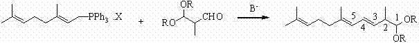 Core Wittig condensation reaction scheme showing C10 triphenylphosphonium salt reacting with C4 acetal to form C14 acetal