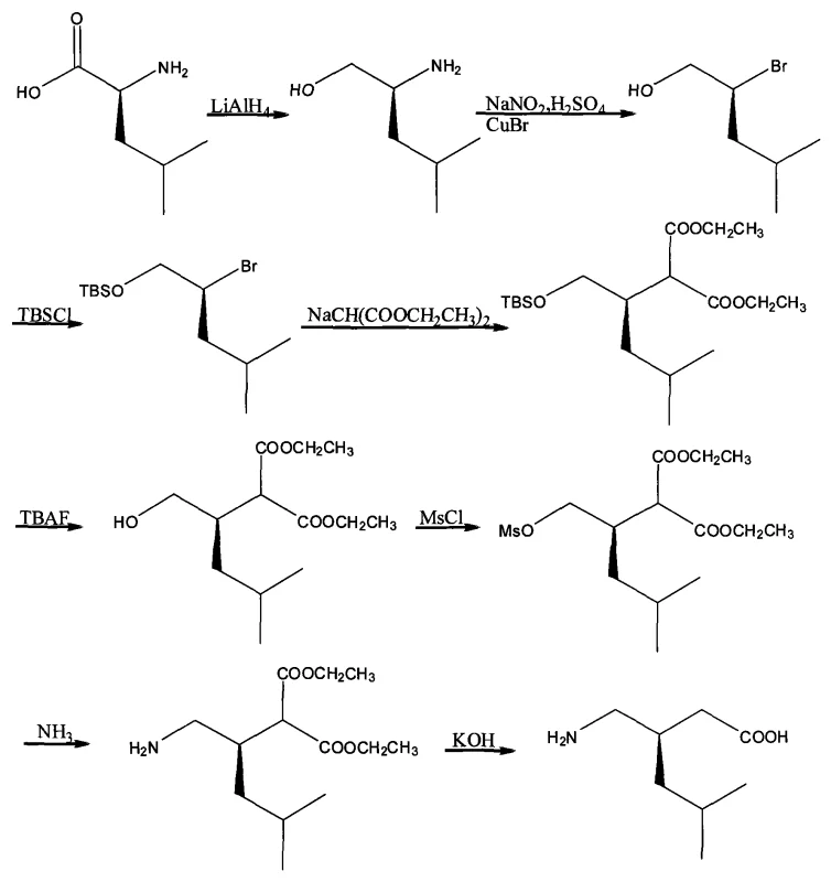 Complete synthetic roadmap of Lyrica from S-Leucine showing key intermediates and reaction steps