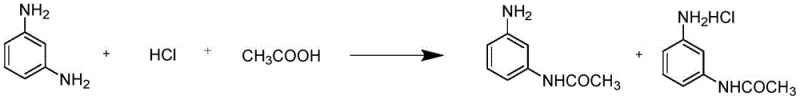 Traditional reaction equation for m-aminoacetanilide synthesis using hydrochloric acid and acetic acid
