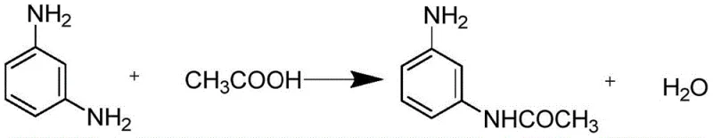 New reaction equation showing m-phenylenediamine reacting with acetic acid to form m-aminoacetanilide