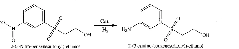 Chemical reaction scheme showing the hydrogenation of 2-(3-Nitro-benzenesulfonyl)-ethanol to 2-(3-Amino-benzenesulfonyl)-ethanol using a catalyst and H2