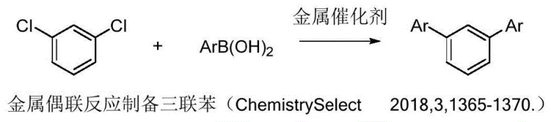 Conventional metal coupling reactions for m-terphenyl synthesis involving expensive catalysts and complex workups