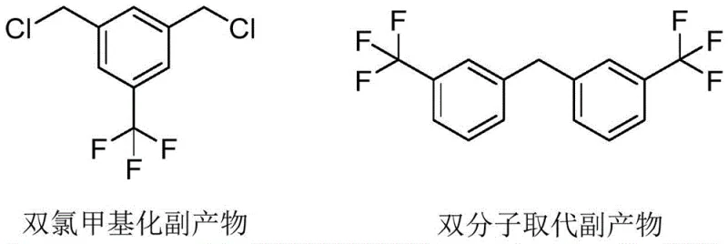 Chemical structures of dichloromethylation and bimolecular substitution byproducts formed in conventional synthesis