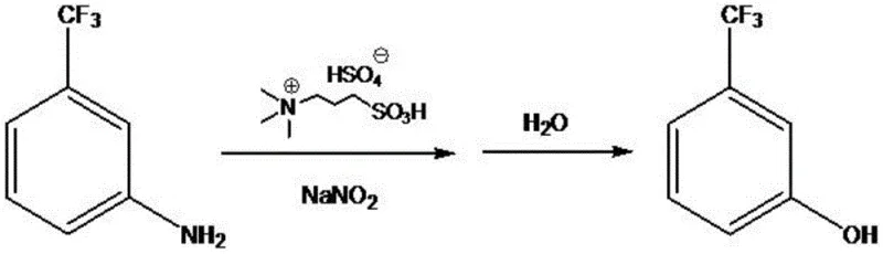 Overall reaction scheme showing the conversion of m-trifluoromethylaniline to m-trifluoromethylphenol using ionic liquid and sodium nitrite