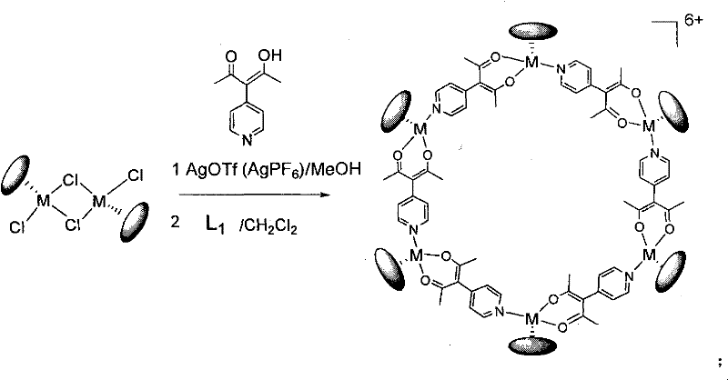 Reaction scheme showing the self-assembly of hexanuclear macrocyclic complexes using pyridine-substituted beta-diketone ligands and silver salts