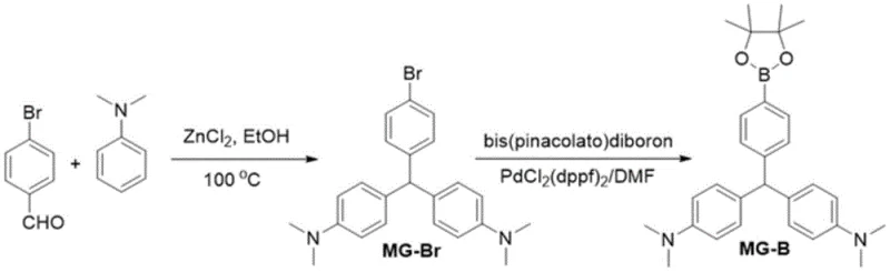 Specific synthetic route for Malachite Green Borate (MG-B) from 4-bromobenzaldehyde and N,N-dimethylaniline