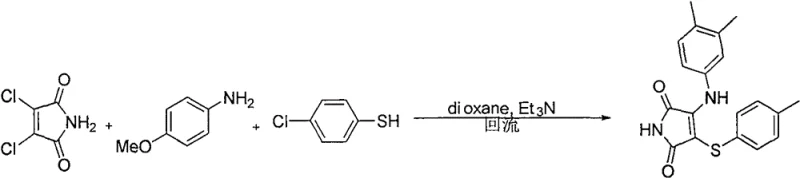 Conventional synthesis route using expensive 3,4-dichloromaleimide and odorous thiophenols