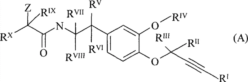 General chemical structure of fungicidally active phenyl propargyl ether derivatives showing variable substituents R and R1