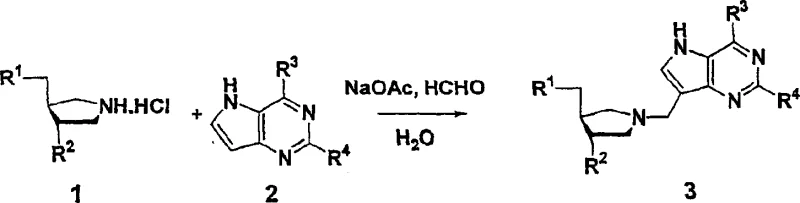 General Mannich reaction scheme showing the coupling of cyclic amine, formaldehyde, and heteroaromatic compound