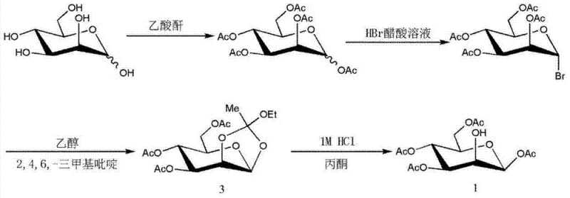 Synthesis route of 1,3,4,6-tetra-O-acetyl-beta-D-mannopyranose from D-Mannose showing acetylation, bromination, cyclization and hydrolysis steps