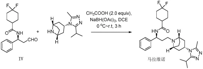 Final reductive amination step converting aldehyde intermediate IV to maravirol using acetic acid and sodium triacetoxyborohydride