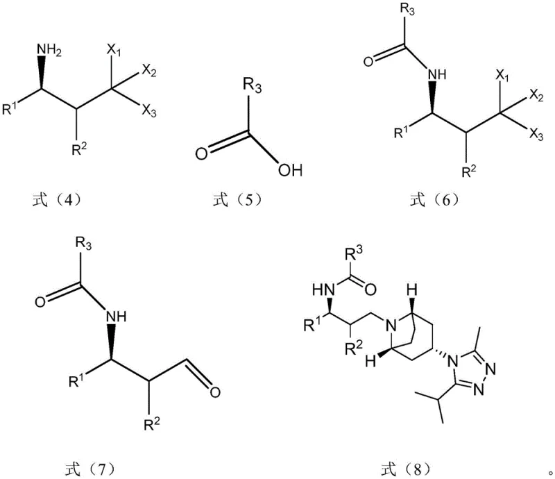 Chemical structures showing key intermediates in maravirol synthesis pathway including compounds (4) through (8)