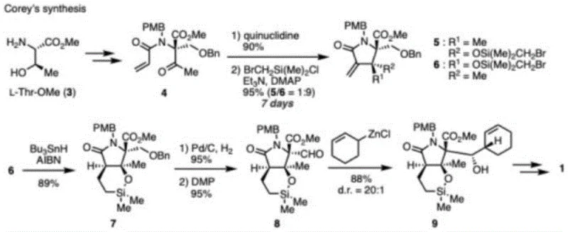 Overview of Corey's classical total synthesis of Marizomib showing complex multi-step sequence