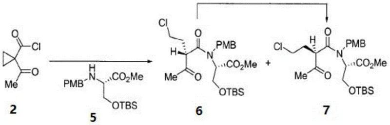 Coupling reaction between beta-keto acid chloride and protected serine derivative to form the linear precursor