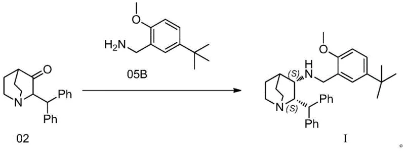 Reaction scheme showing the direct one-step synthesis of Compound I from Compound 02 and Compound 05B using transition metal catalysis