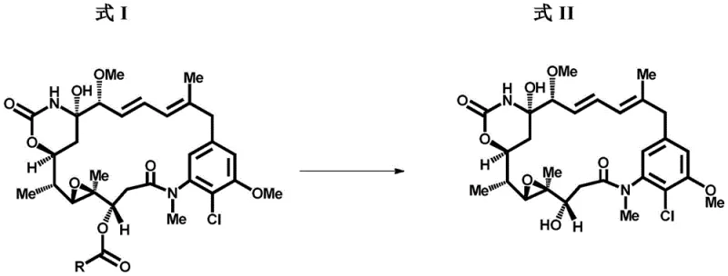 General reaction scheme showing the conversion of Formula I maytansinol esters to Formula II maytansinol using organometallic reagents