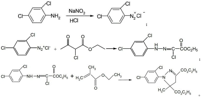 Conventional multi-step synthesis route for mefenpyr-diethyl showing unstable intermediates and separation steps