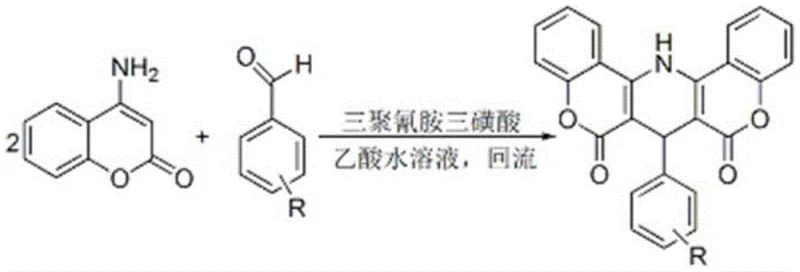 General reaction scheme showing the condensation of aromatic aldehydes and 4-aminocoumarin catalyzed by melamine trisulfonic acid