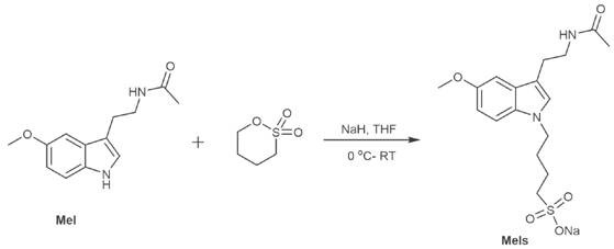 Reaction scheme showing the synthesis of melatonin derivative Mels using NaH and butanesultone