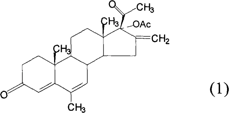 Chemical structure of Melengestrol Acetate showing the 17-alpha-acetoxy-6-methyl-16-methylene-pregna-4-6-diene-3-20-dione backbone