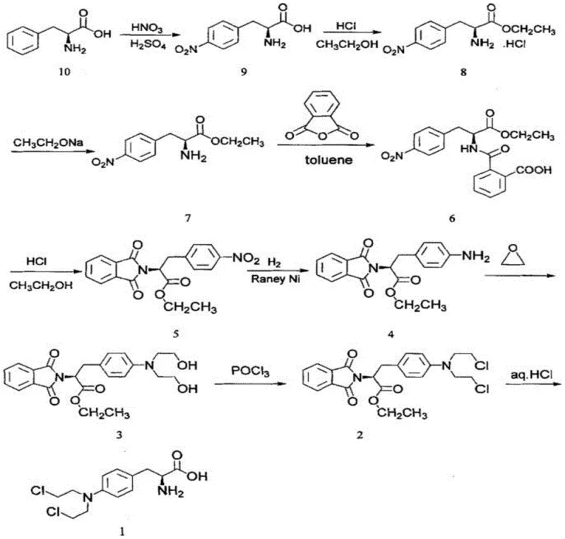 Complete synthetic route of Melphalan from L-Phenylalanine showing nitration, protection, reduction, and deprotection steps