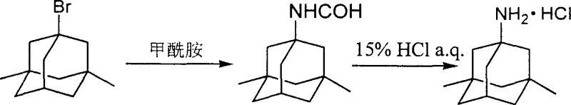 Reaction scheme showing the conversion of bromo-diamantane to formamido-diamantane and subsequent hydrolysis to amine salt